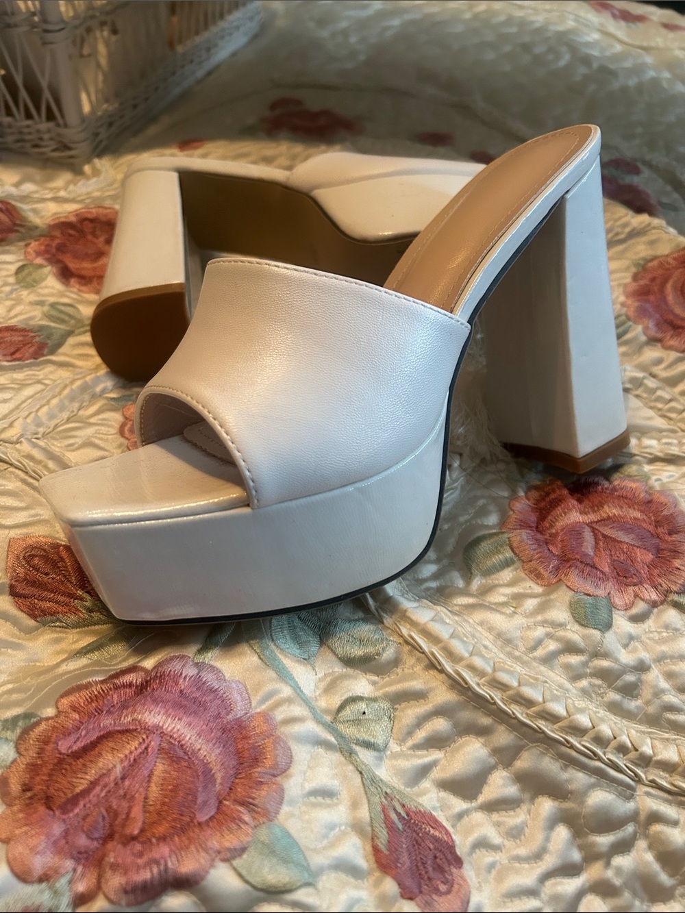 White Platform Block Heel Mules – Size 38